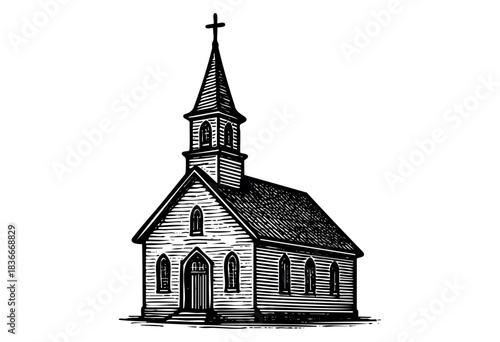 A detailed monochrome illustration depicts a classic church building with a steeple, rendered in a vintage woodcut style — stock illustration.