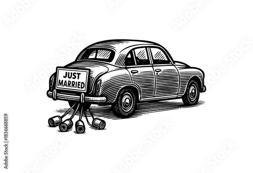 A vintage car with a "Just Married" sign and tin cans trailing behind, depicted in a classic engraving style — stock illustration.