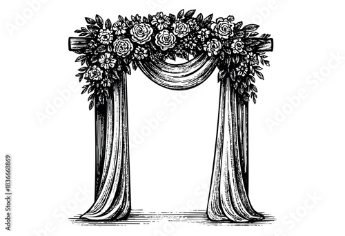 Hand-drawn illustration of a wedding arch decorated with flowers and draped fabric in a vintage style — stock illustration.