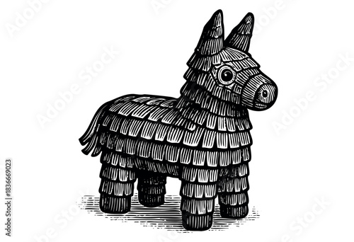 An adorable donkey piñata is illustrated in a vintage black and white engraved style — stock illustration.