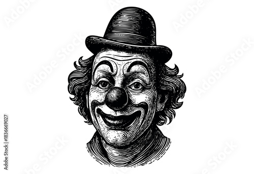 A vintage style engraving depicts a smiling clown in a bowler hat with traditional makeup and hair — stock illustration.