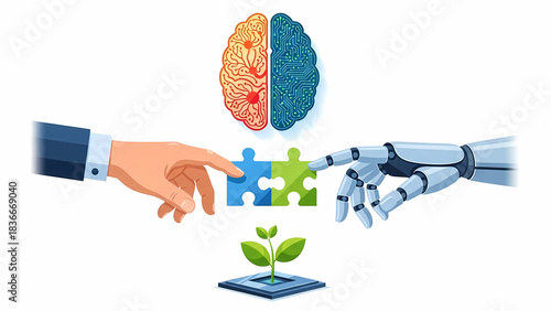 Modern flat design illustrations of AI and human collaboration. Concepts like a hand and a robotic hand joining pieces of a puzzle, a brain with both organic and circuit patterns, a plant growing from