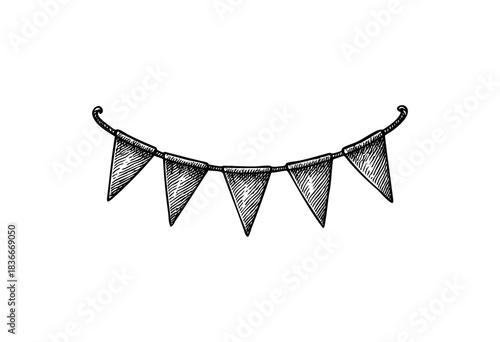 An ink drawing of a festive bunting garland with triangular flags, ideal for birthdays, celebrations, or vintage-themed events — stock vector.