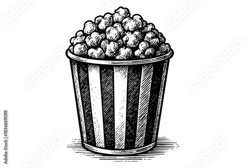 Vintage-style bucket overflowing with popcorn, depicted in a detailed engraving style — stock illustration.