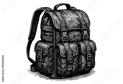 Monochrome illustration of a vintage-style backpack with straps and buckles, perfect for travel and adventure themes — stock illustration.
