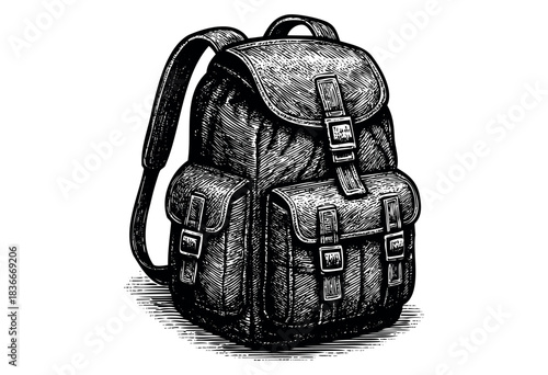 A detailed engraving of a classic backpack with multiple pockets and buckles — stock illustration.
