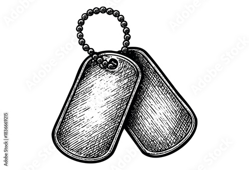 Pair of military dog tags hanging from a beaded chain are depicted in a hand-drawn style — stock illustration.