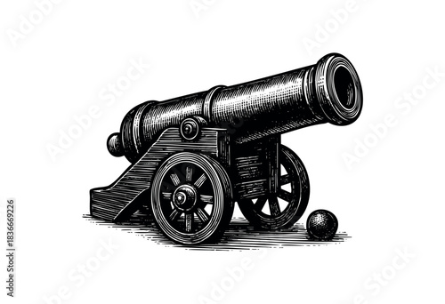 Antique cannon with cannonball in a vintage engraved style — stock illustration.