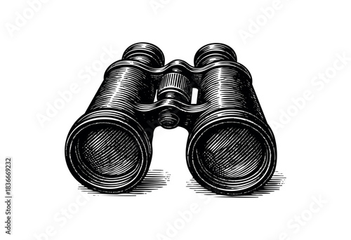 Monochrome engraving illustration of binoculars on a white background — stock vector.