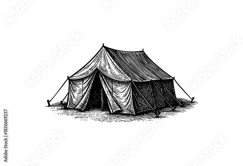 An old-fashioned camping tent is meticulously rendered in a vintage engraving style — stock illustration.