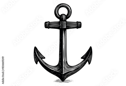 A detailed engraving of a classic ship anchor on a white background — stock illustration.