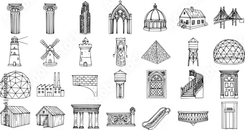 Architecture and Buildings Line Art Icons Set. Hand-drawn Black and White Sketch Collection of Various Structures, Landmarks, and Architectural Elements for Construction and Urban Design Projects.