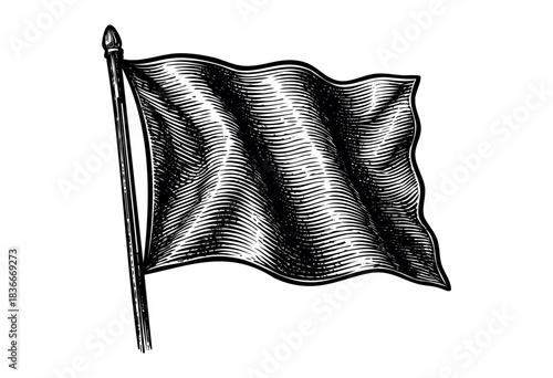 An engraved black and white flag flutters on a pole — stock vector.