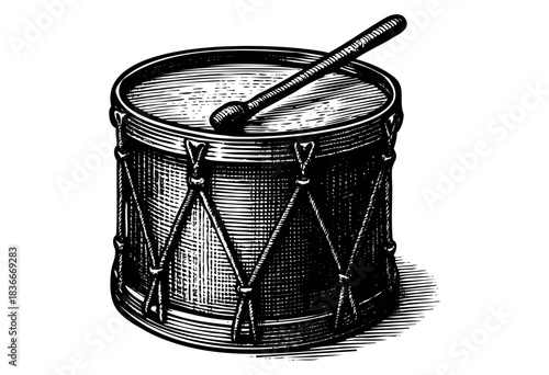 A detailed woodcut illustration of a snare drum with a stick resting on top — stock illustration.
