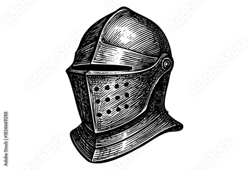 Engraved style illustration of a medieval knight's helmet in black and white — stock vector.