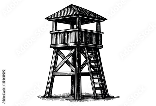 Monochrome sketch of a tall wooden watchtower with a ladder and a covered top, showcasing a vintage aesthetic — stock illustration.
