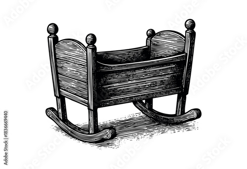 A black and white woodcut style illustration of a vintage baby cradle or bassinet — stock illustration.