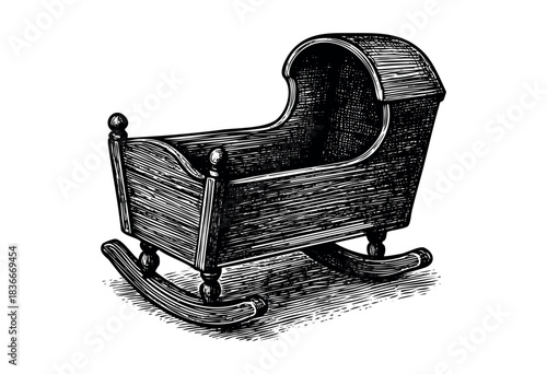 A vintage baby cradle with a rocking base is presented in a woodcut style — stock illustration.