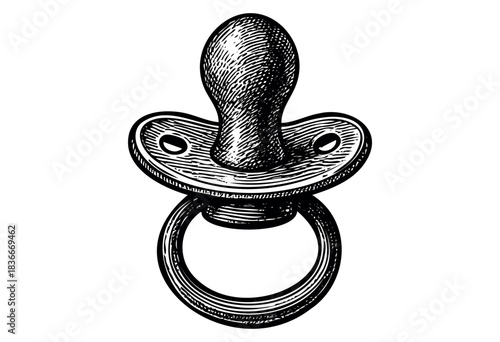 Engraved style illustration of a baby pacifier isolated on white — stock illustration.