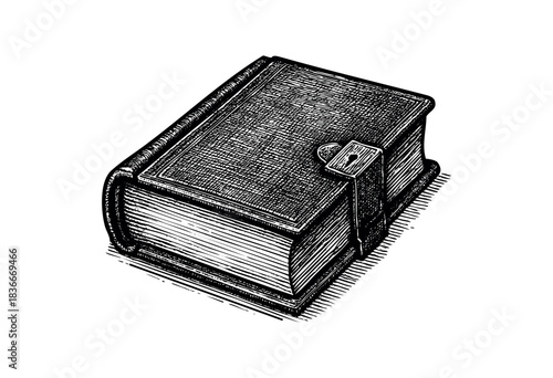 A detailed sketch of a locked diary or journal with vintage style, rendered in black and white — stock illustration.