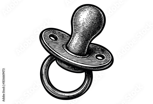 Engraved-style illustration of a baby pacifier in black and white — stock illustration.
