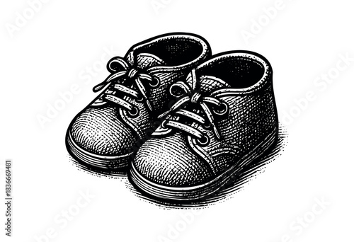 Engraved illustration of a pair of baby shoes with laces, symbolizing infancy and nostalgia — stock vector.