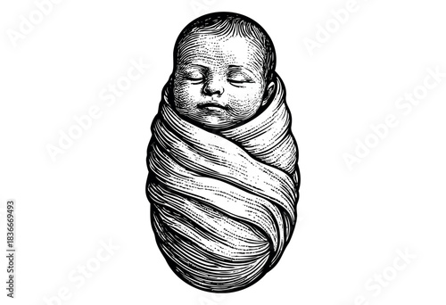Engraved illustration of a newborn baby swaddled in cloth, with its eyes closed — stock vector.