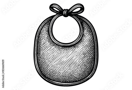 A detailed, engraved-style illustration shows a classic baby bib with a bow — stock illustration.