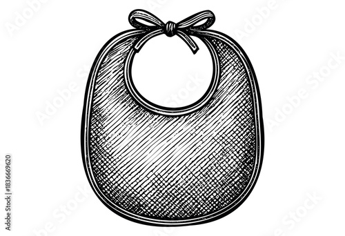 A hand-drawn style baby bib with a ribbon tie is rendered in black and white, creating a vintage or classic feel — stock vector.