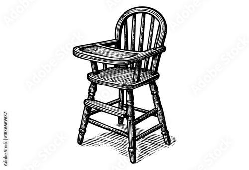 A detailed engraving of a vintage wooden high chair, perfect for antique or retro design projects — stock vector.