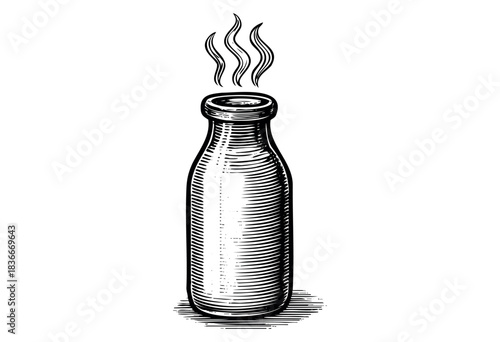 An engraved illustration depicts a bottle with steam coming from the opening, perfect for hot sauce or other condiment applications — stock illustration.