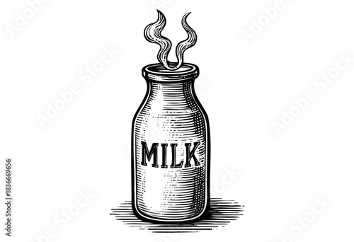 A vintage-style engraving shows a steaming bottle of milk, perfect for illustrating themes of nostalgia, dairy, and simple pleasures — stock vector.