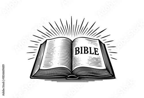 Stylized engraving of an open Bible with radiant light shining from behind — stock illustration.