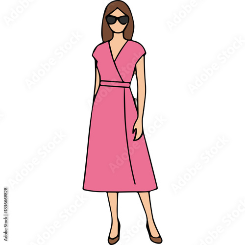 Full body illustration of a woman wearing a pink wrap dress and sunglasses standing against a black background