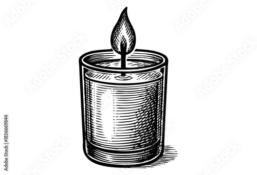A single lit candle in a glass is artistically rendered with crosshatching in black and white — stock illustration.