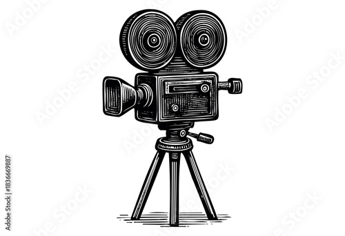 Monochrome illustration of a vintage movie camera on a tripod in engraving style — stock vector.