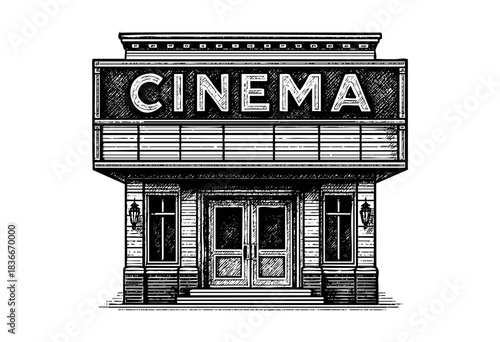 Engraved style vector illustration of a classic cinema building facade with a marquee — stock vector.