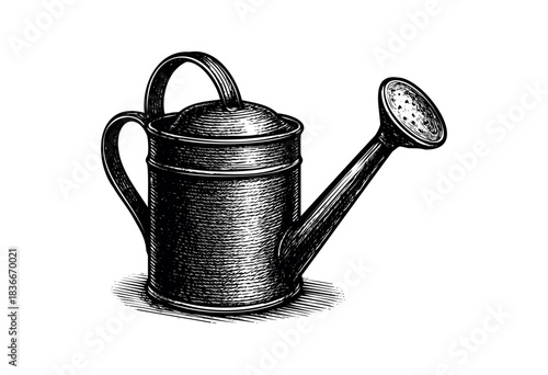 A detailed watering can is rendered in a vintage, cross-hatch style — stock illustration.