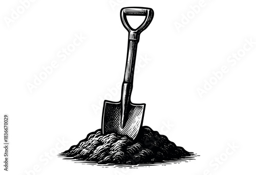 Engraved shovel inserted into a pile of dirt, representing gardening or construction — stock vector.