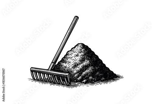 A detailed engraving depicts a rake alongside a pile of soil or mulch, showcasing a rustic and traditional gardening scene — stock illustration.