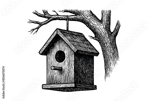 A detailed sketch of a birdhouse hanging from a tree branch in a vintage style — stock illustration.