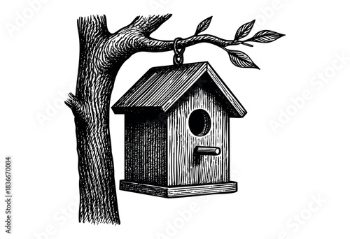 A detailed sketch of a birdhouse hanging from a tree branch in a vintage style — stock illustration.