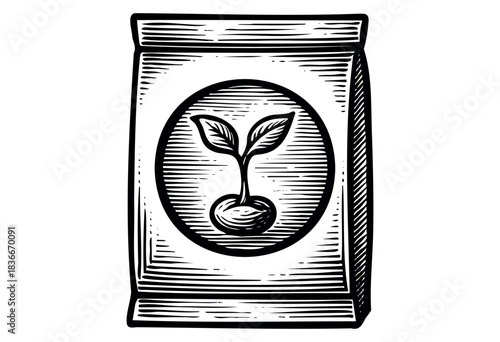 A monochrome, vintage-style engraving depicts a seed packet with a sprout emblem, showcasing themes of growth, agriculture, and new beginnings — stock illustration.