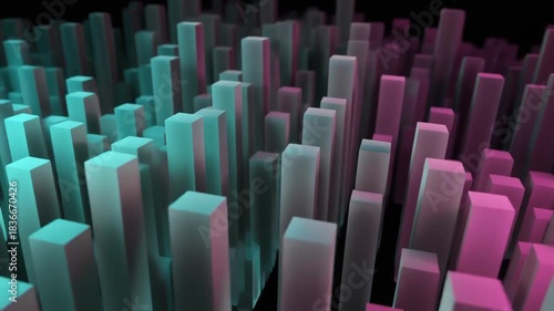 Frosted Glass 3D Bars: Elegant Slow Pan Across Abstract Volume Data Columns Loop. 
