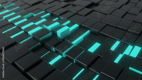 Neon Cyan 3D Bar Matrix: Rapid Spiking Synchronized Data Analysis Loop.