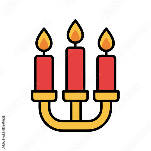 Three red candles in a golden candelabra with lit flames against a pure white background in a minimalist sticker style with flat vector art and a 2D illustration