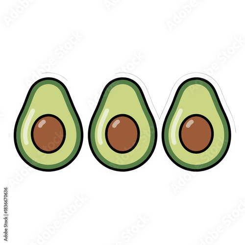 Three pixel art avocados lined up against a black background healthy food concept bright green fruit with brown pits and white outlines