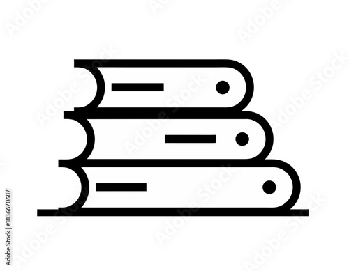 Three white books stacked neatly on a black background in a simple clean two dimensional sticker art style with minimalist design elements suggesting organization and knowledge