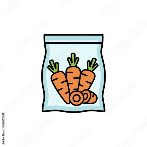 Three Whole Carrots and Sliced Carrot Pieces Inside a Light Blue Ziplock Bag Transparent Pouch Minimalist Flat Vector Art Clean Sticker Style Simple Illustration
