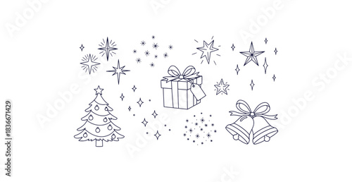 Festive doodle elements for holiday journaling and design including stars gifts and trees